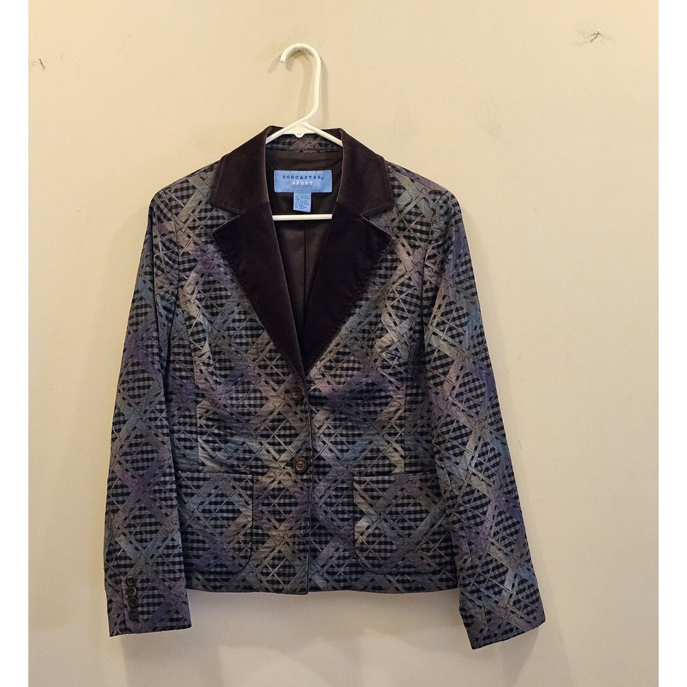 Doncaster Sport Geometric Plaid Blazer Brown Velvet Trim Blue Purple Size 10